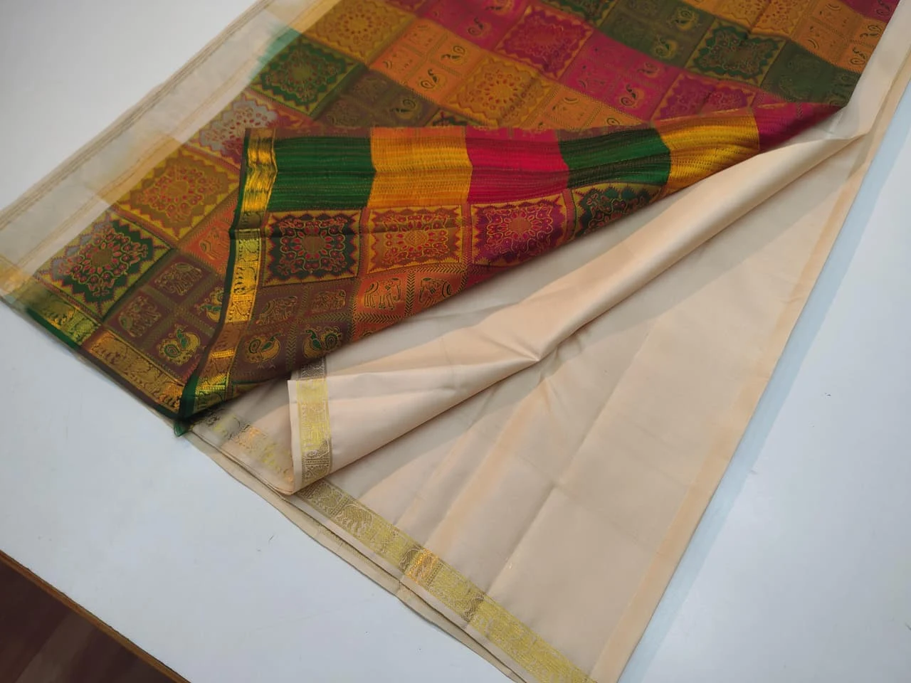 Cream and Gold with Multicolor Checked Kanchipuram Handloom Silk Saree